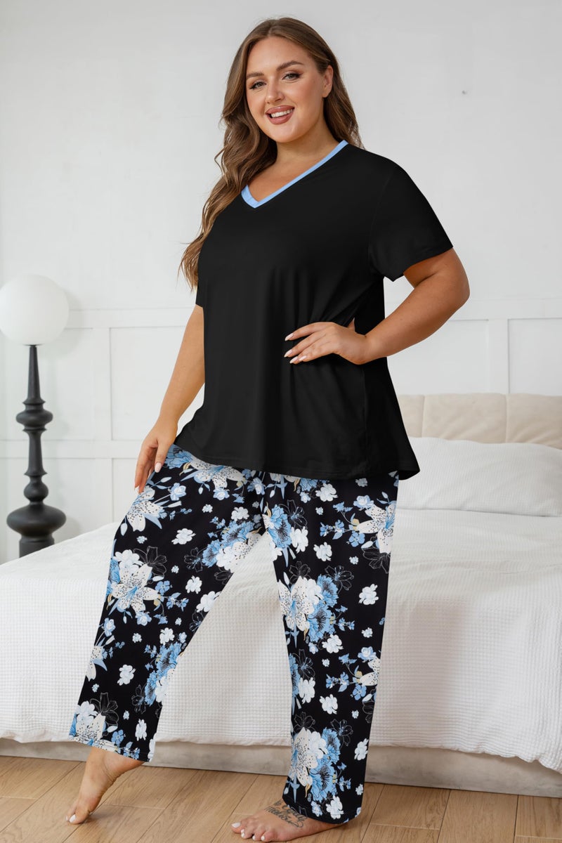 Vozanet Women's Pajama Sets Short Sleeve with Long Pant Soft Sleepwear Printed pj Loungewear With TWO Pockets Size 1X to 5X, Beige Lily/Black, 3X-Large - Image 2