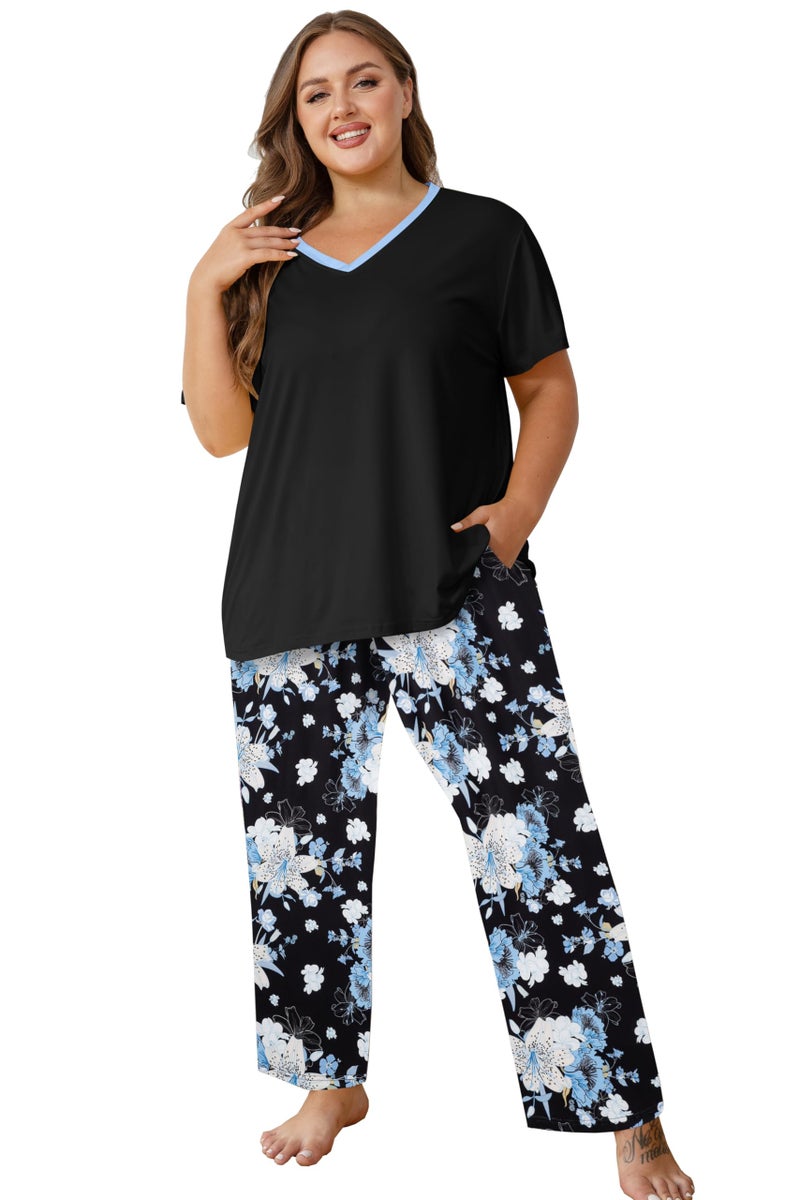 Vozanet Women's Pajama Sets Short Sleeve with Long Pant Soft Sleepwear Printed pj Loungewear With TWO Pockets Size 1X to 5X, Beige Lily/Black, 3X-Large - Image 1