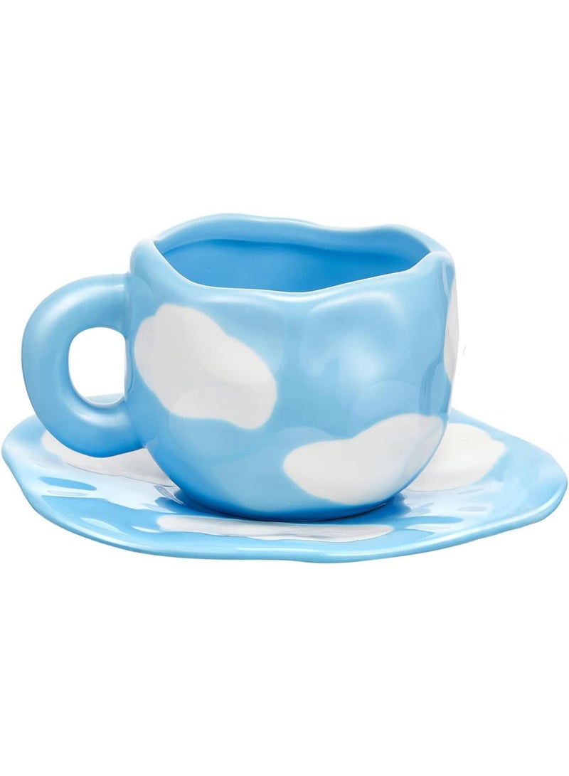Ceramic Irregular Cloud Coffee Mug and Saucer Set, 250ml / 9 oz, Blue, Dishwasher & Microwave Safe - Image 1