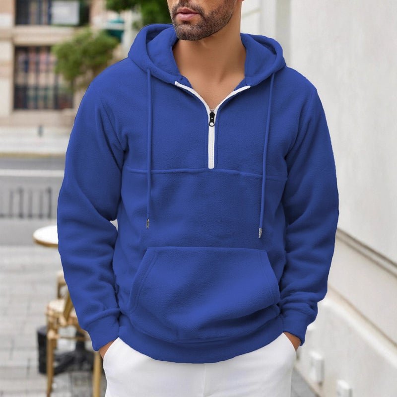 Men's Solid Color Fleece Hoodie with Half Zipper - Image 3