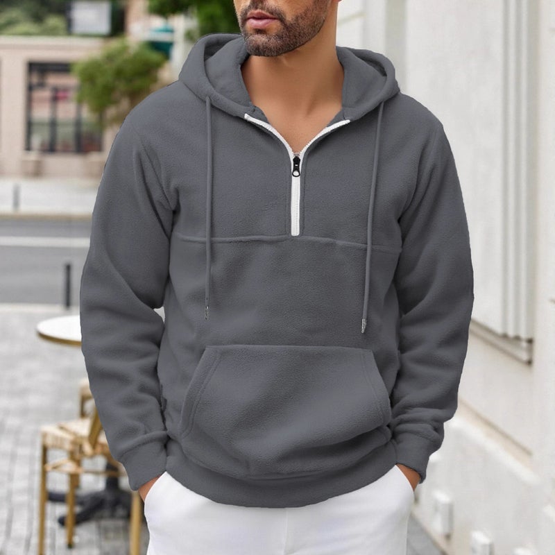 Men's Solid Color Fleece Hoodie with Half Zipper - Image 4