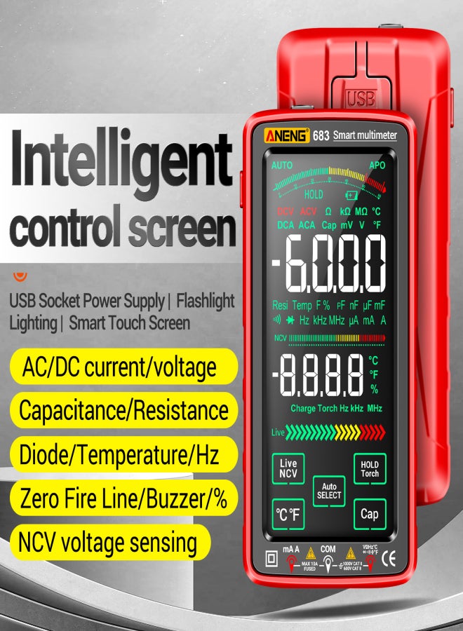 ANENG 683 6000 Counts Large Touch Screen Digital Multimeter Smart Anti-burn Rechargeable Universal Meter VA Reverse Display NCV Tester with Flashlight for Voltage Current Resistance Capacitance - Image 2