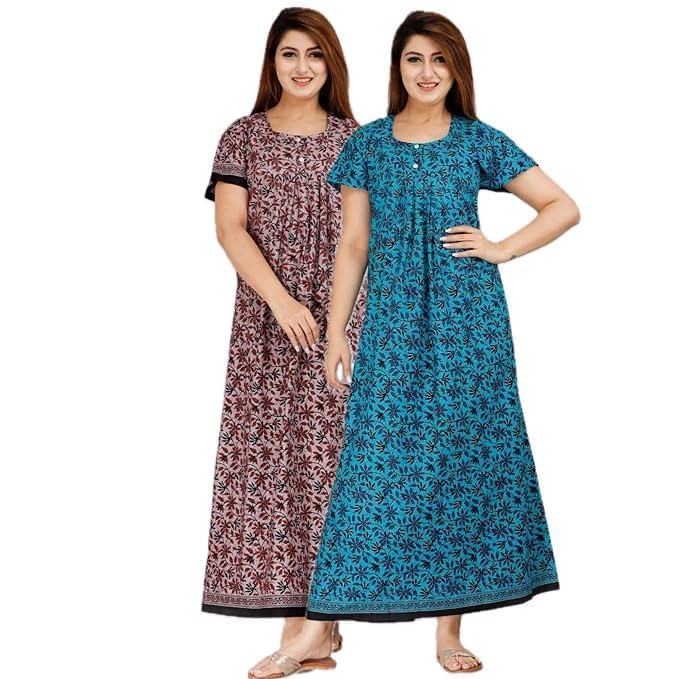 Vlazom Women’s Cotton Printed Maxi Nighty – Ankle Length Night Dress Gown, Pack of 2, Free Size – Soft & Breathable Sleepwear (Purple&Blue, Free Size) - Image 1