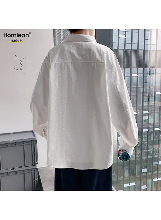 Homlean Style Solid Color Literary Shirt Men's Spring And Autumn Long Sleeve Basic High-end Hong Kong Style Casual Inner Wear Hl02 White 4XL - Image 3