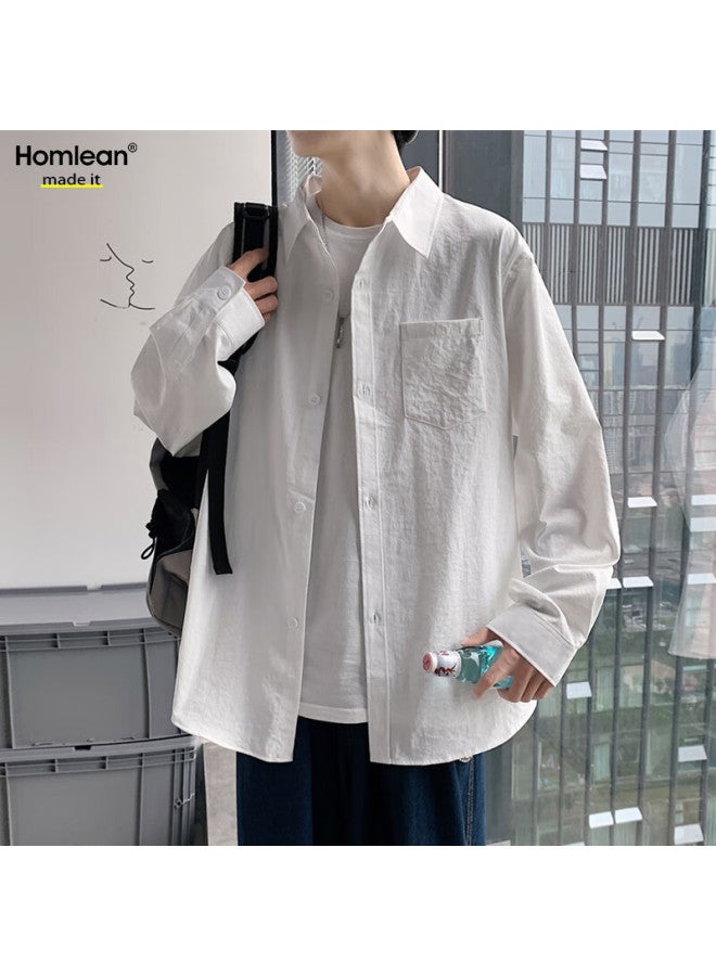 Homlean Style Solid Color Literary Shirt Men's Spring And Autumn Long Sleeve Basic High-end Hong Kong Style Casual Inner Wear Hl02 White 4XL - Image 2