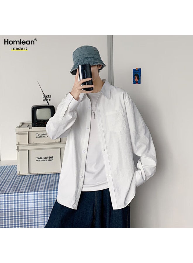 Homlean Style Solid Color Literary Shirt Men's Spring And Autumn Long Sleeve Basic High-end Hong Kong Style Casual Inner Wear Hl02 White 4XL - Image 4