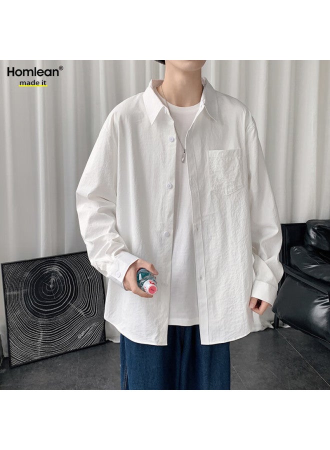 Homlean Style Solid Color Literary Shirt Men's Spring And Autumn Long Sleeve Basic High-end Hong Kong Style Casual Inner Wear Hl02 White 4XL - Image 1