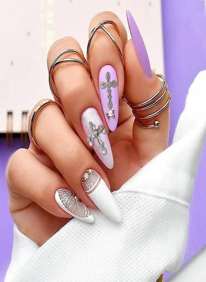 ٦٠ قطعة من زينة الأظافر على شكل صليب، إكسسوارات أظافر أكريليك، زينة أظافر ثلاثية الأبعاد على شكل صليب، أحجار الراين المعدنية لتزيين الأظافر للنساء والفتيات، مجوهرات يدوية الصنع، أشغال يدوية للهواتف المحمولة (ذهبي + فضي) - Image 2