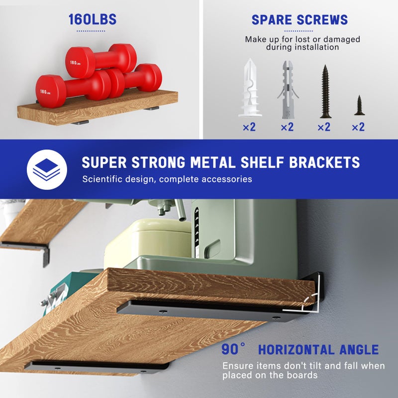 Goovilla Shelf Bracket, Heavy Duty Floating Shelf Brackets 12 inch Long, 6 Pack Brackets for Shelves, Black Coated Metal Wall Shelf Support Brackets with 1/5 Inch Thick and 160 lb. Load Capacity - Image 3