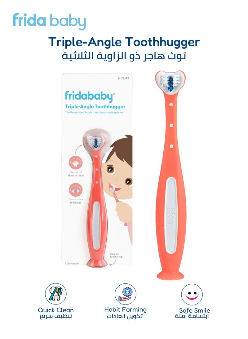fridababy Triple-Angle Toothhugger Training Toothbrush – Toddler Oral Care, Soft Bristles, 3-Sided Cleaning, Easy Grip, Suction Base, Blue Bristles Fade for Replacement Reminder - Image 1