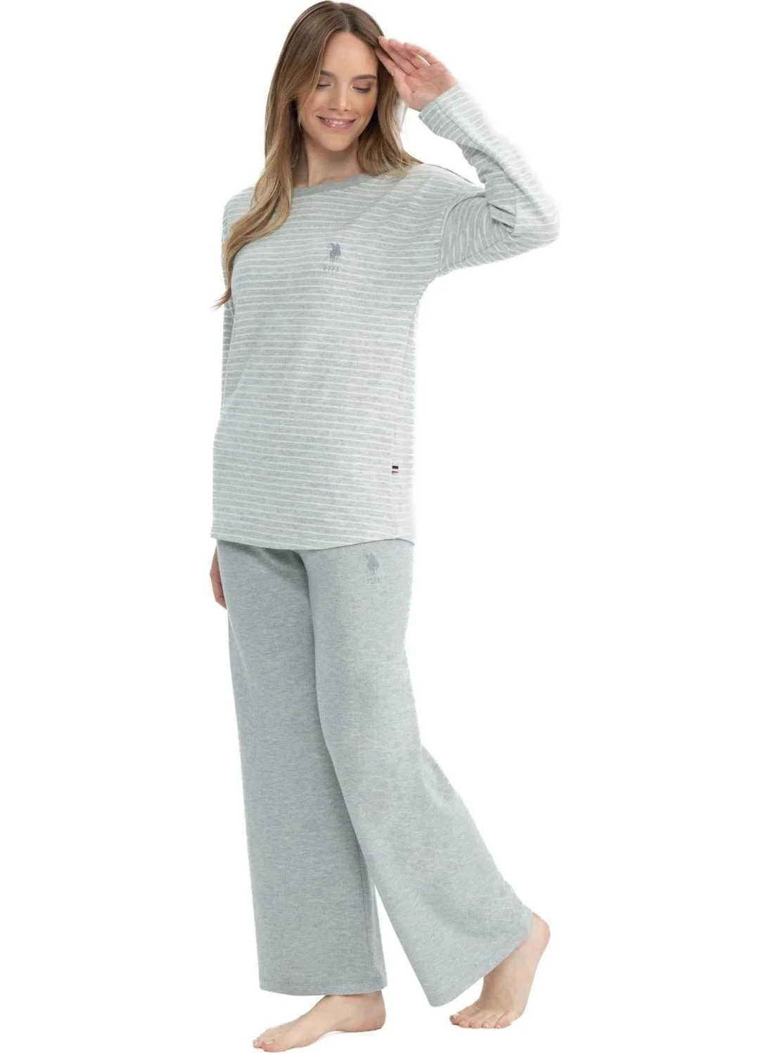 يو اس بولو اسن 17083 Women's Gray Melange Long Sleeve Round Neck Pajama Set