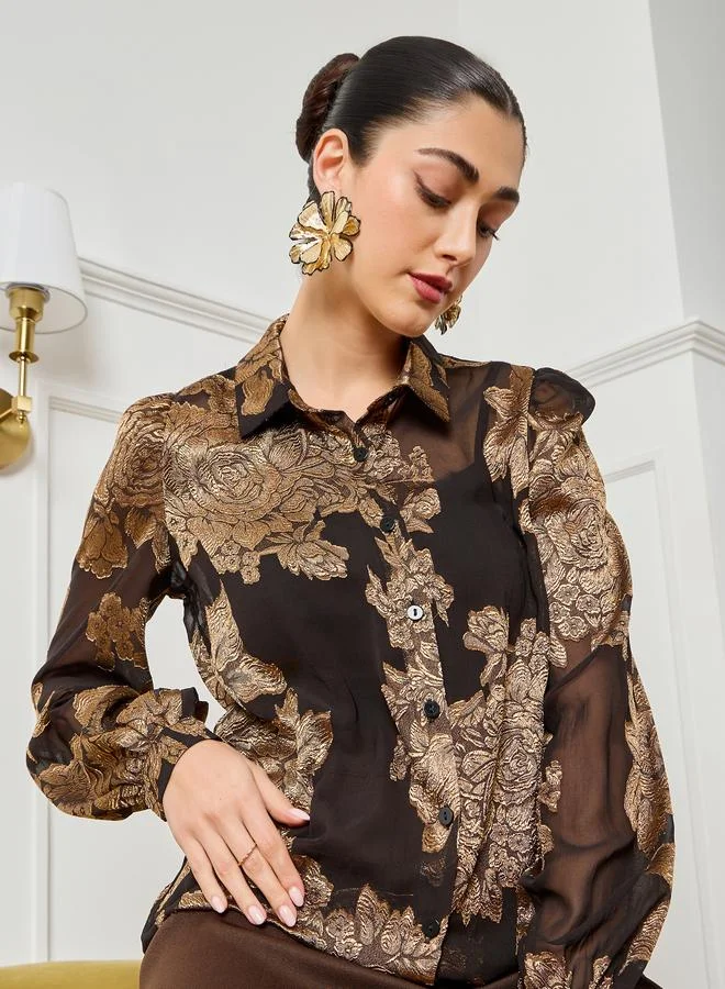 Women Black Floral Jacquard Long Sleeve Shirt