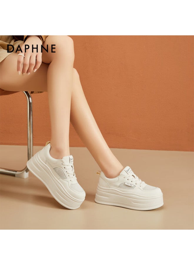 Daphne Thick-soled Women's Sneakers With Mesh Breathable Upper, Height-increasing Soft Sole, Comfortable Sports Panda Shoes, White Casual Shoes, Beige, Size 35 - Image 1
