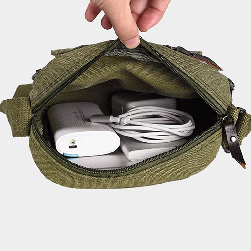 CAAORDKSO Vintage Canvas Messenger Bag Small Crossbody Bag Shoulder Bag for Men Women Chest Bag Travel Bag Multi Pocket Purse (Army Green) - Image 2