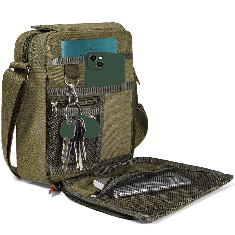 CAAORDKSO Vintage Canvas Messenger Bag Small Crossbody Bag Shoulder Bag for Men Women Chest Bag Travel Bag Multi Pocket Purse (Army Green) - Image 1