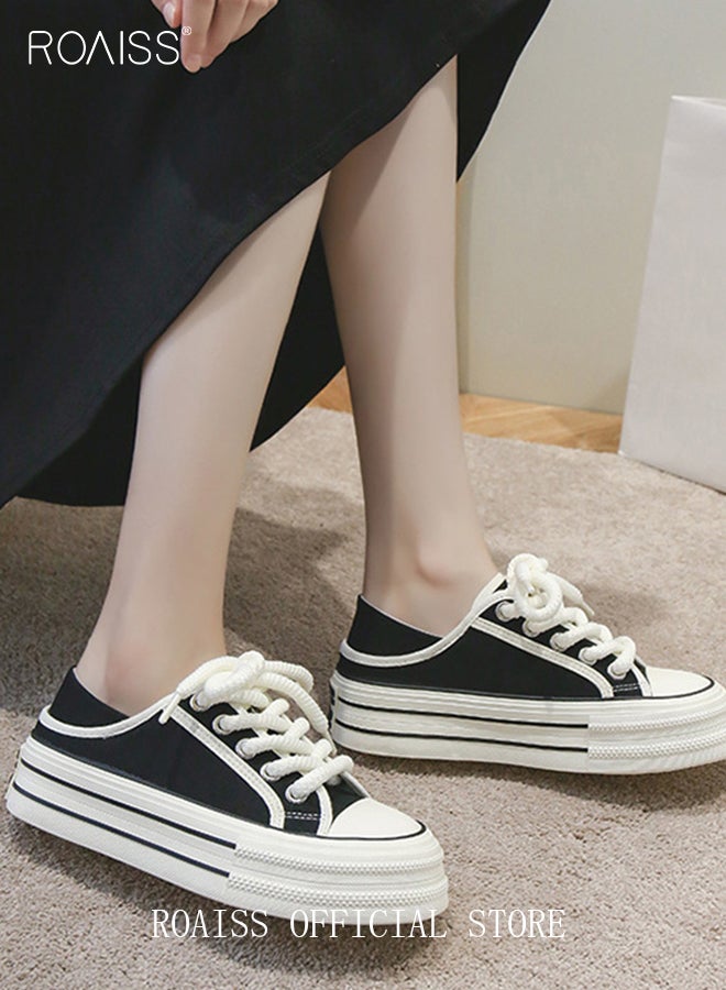roaiss Women Classic Platform Canvas Shoes, Low Top Lace up Board Shoes with 2 Ways to Wear, Casual Versatile Sneakers for Ladies, Comfy Flat Shoes with Non-slip Soles, Suitable for Daily Wear and Outdoor Activities - Image 3