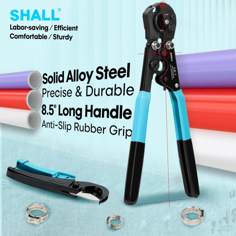 SHALL 2-IN-1 Pex Crimping Clamp Cinch & Remove Tool with Pipe Hose Cutter, Pex Pipe Fitting Crimper Tool Kit for 3/8" to 1" Stainless Steel Clamps Including 20pcs 1/2", 10pcs 3/4" Clamps & Storage Bag - Image 5