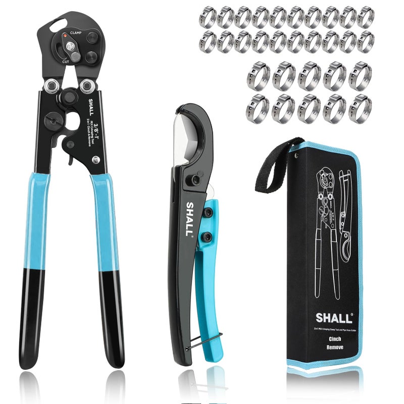SHALL 2-IN-1 Pex Crimping Clamp Cinch & Remove Tool with Pipe Hose Cutter, Pex Pipe Fitting Crimper Tool Kit for 3/8" to 1" Stainless Steel Clamps Including 20pcs 1/2", 10pcs 3/4" Clamps & Storage Bag - Image 1
