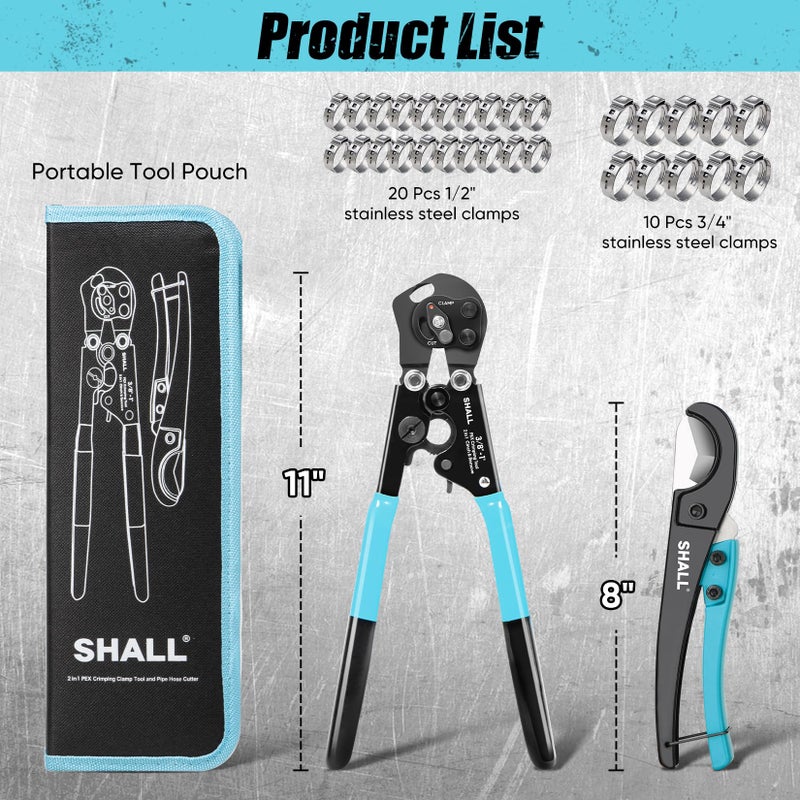 SHALL 2-IN-1 Pex Crimping Clamp Cinch & Remove Tool with Pipe Hose Cutter, Pex Pipe Fitting Crimper Tool Kit for 3/8" to 1" Stainless Steel Clamps Including 20pcs 1/2", 10pcs 3/4" Clamps & Storage Bag - Image 4