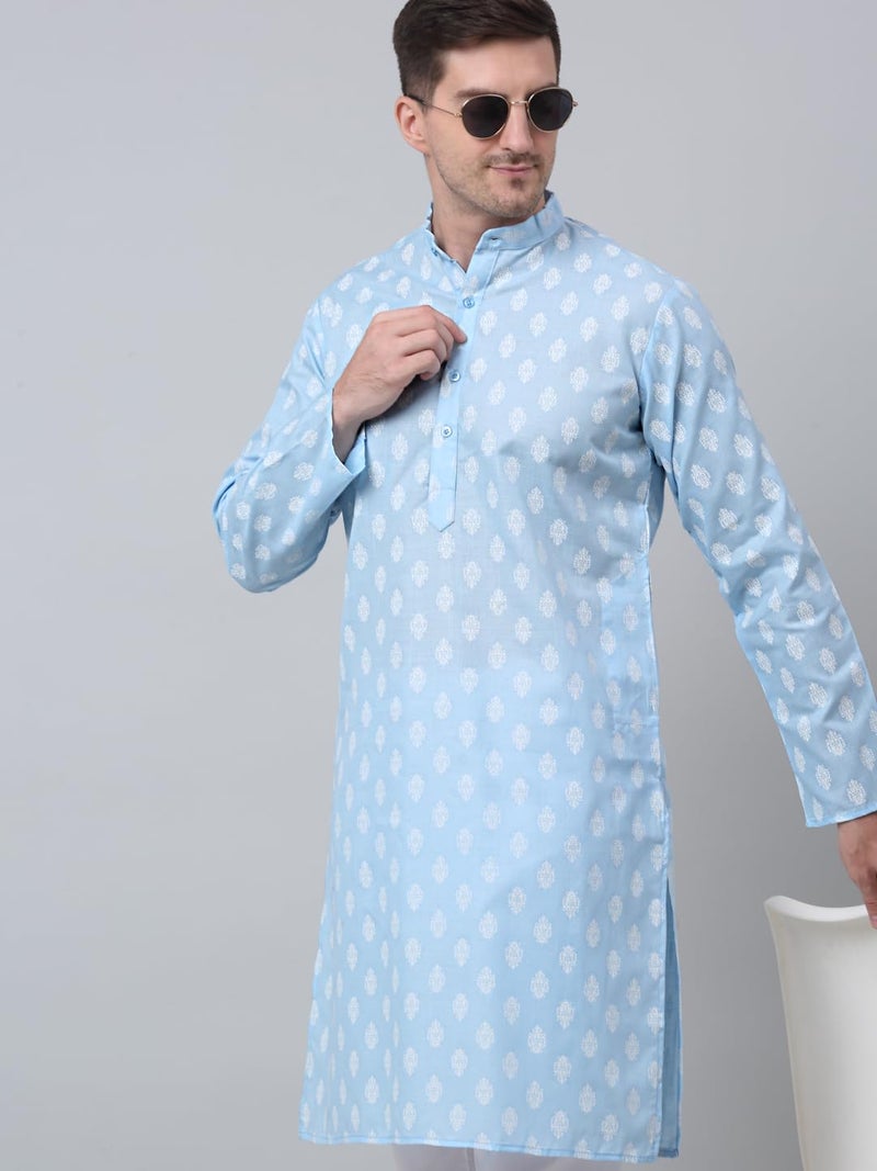 Jompers Men's Cotton Floral printed kurta Pyjama Set. (Sky, XXL) - Image 4