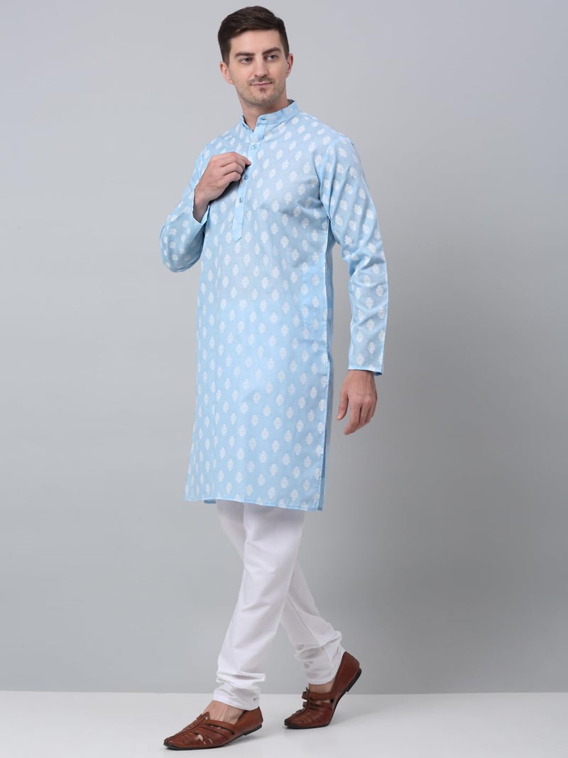 Jompers Men's Cotton Floral printed kurta Pyjama Set. (Sky, XXL) - Image 2