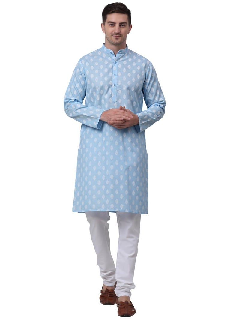 Jompers Men's Cotton Floral printed kurta Pyjama Set. (Sky, XXL) - Image 1
