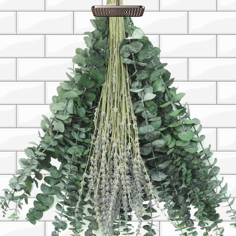 Jtoder 115 PCS Dried Eucalyptus Stems with Lavender Flowers Bundle for Shower 17 Natural Real Live Eucalyptus Leaves Branches Hanging Shower Plant for SPA Home Fragrance Bathroom Table Vase Decor
