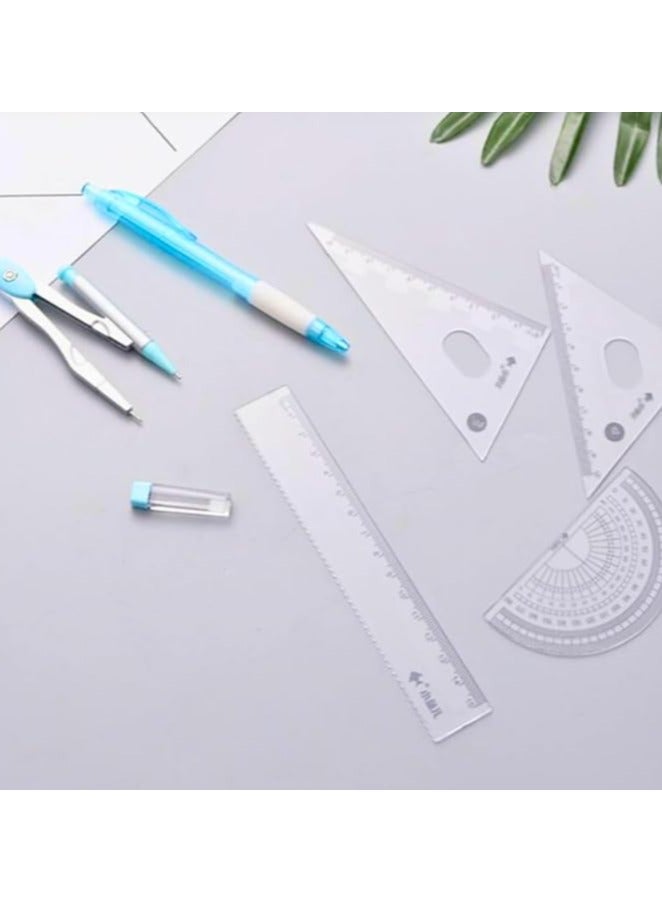 Set of 7 Pieces Geometric Compass, Eraser, Mechanical Pencil, Mechanical Pencil Leads, Geometric Shapes Tools Students, Office, Mathematical Drawing Measuring Stationery, Circle Drawing (Baby Blue) - Image 1