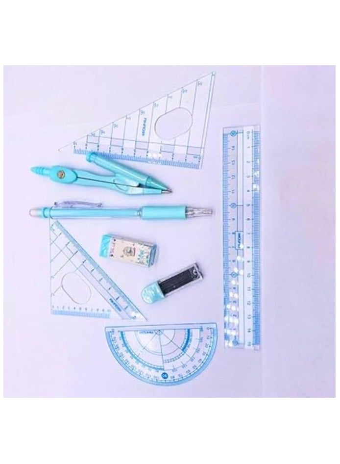 Set of 7 Pieces Geometric Compass, Eraser, Mechanical Pencil, Mechanical Pencil Leads, Geometric Shapes Tools Students, Office, Mathematical Drawing Measuring Stationery, Circle Drawing (Baby Blue) - Image 3