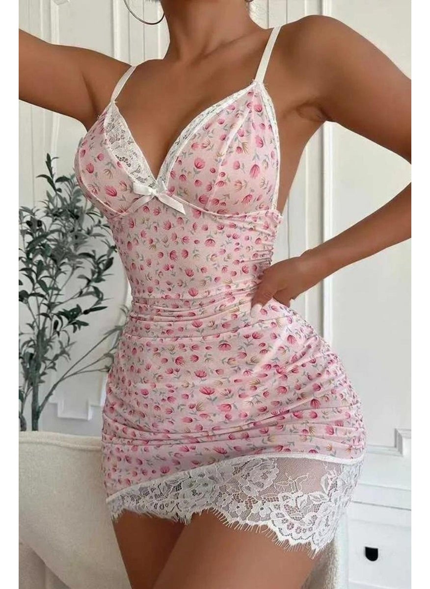 Bella Notte Dusty Pink Floral Patterned Mini Nightgown  - Image 3