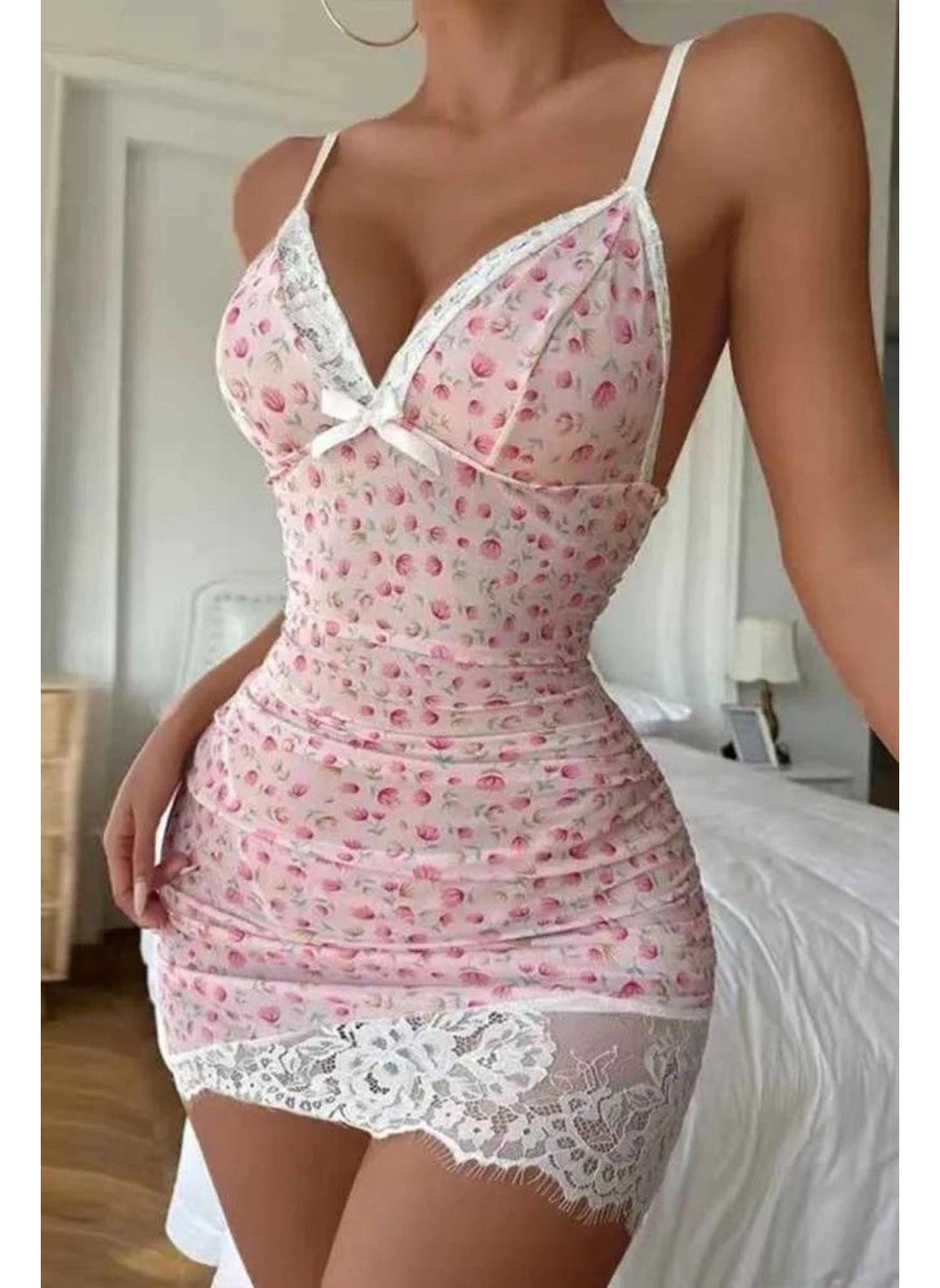 Bella Notte Dusty Pink Floral Patterned Mini Nightgown  - Image 1