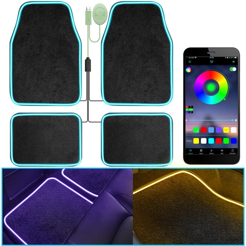 Fimker Soft Car Floor Mats With Led Strip Light, Universal Fit Black Automotive Carpet, App Control Interior Car Lights Floor Mats, Anti-Slip Waterproof RGB Car Decor Accessories For SUV, Trucks, Sedan,Jeeps - Image 1