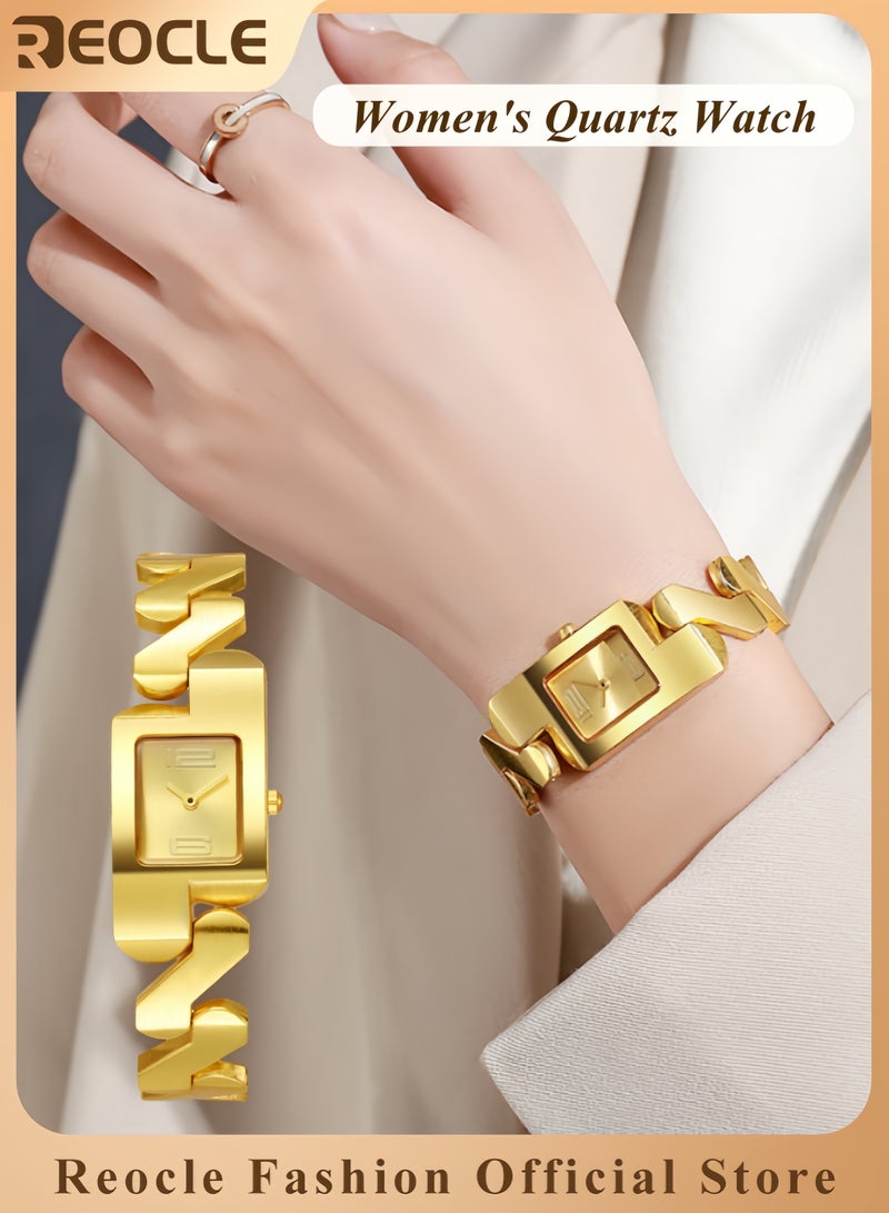 REOCLE Women's Watch Rectangular Stainless Steel Watch Analog Big Numerals Quartz Bracelet Watch Quartz Bracelet Watch Simple Dial for Commuting & Business Gift for Mother & Girlfriend - Image 1