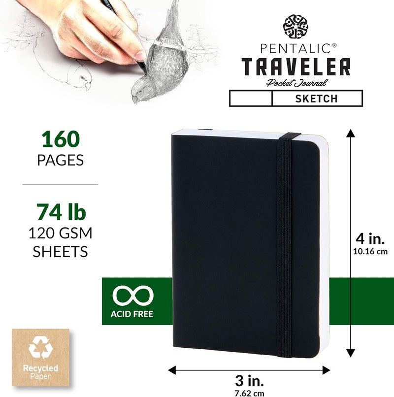 Pentalic Traveler Pocket Sketchbook Journal - 3" x 4", 160 Pages, Acid-Free Recycled Paper, Black - Image 3