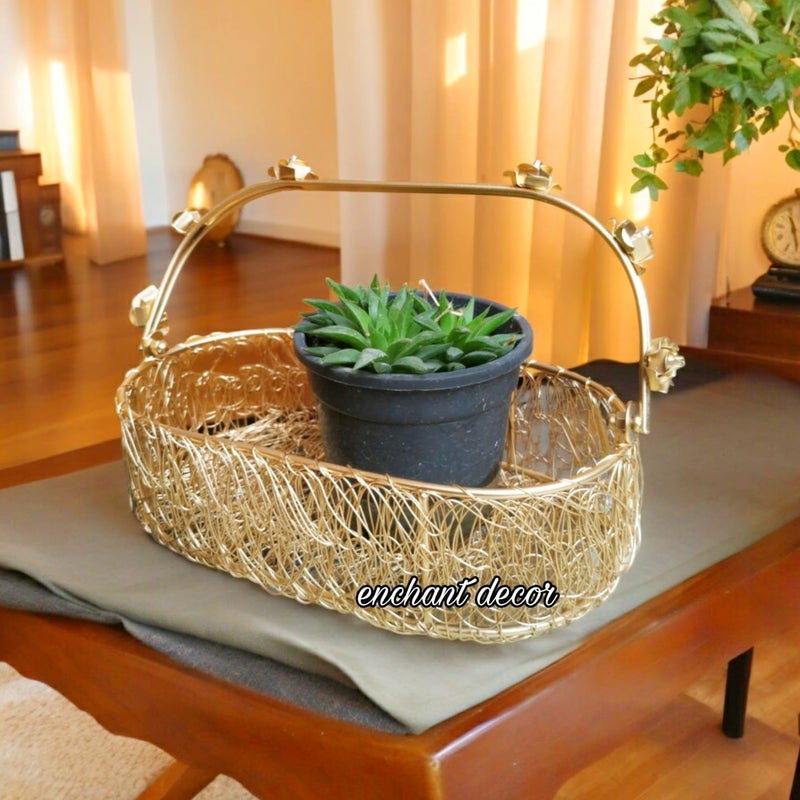 Asha Enchant Decor Multipurpose Metal Rust Free Wire Basket Tray with Decorative Golden Rose Handle Wedding Gift Basket Flower Decoration Centerpiece Set of 1 Gold 26 x 14 x 7 cm