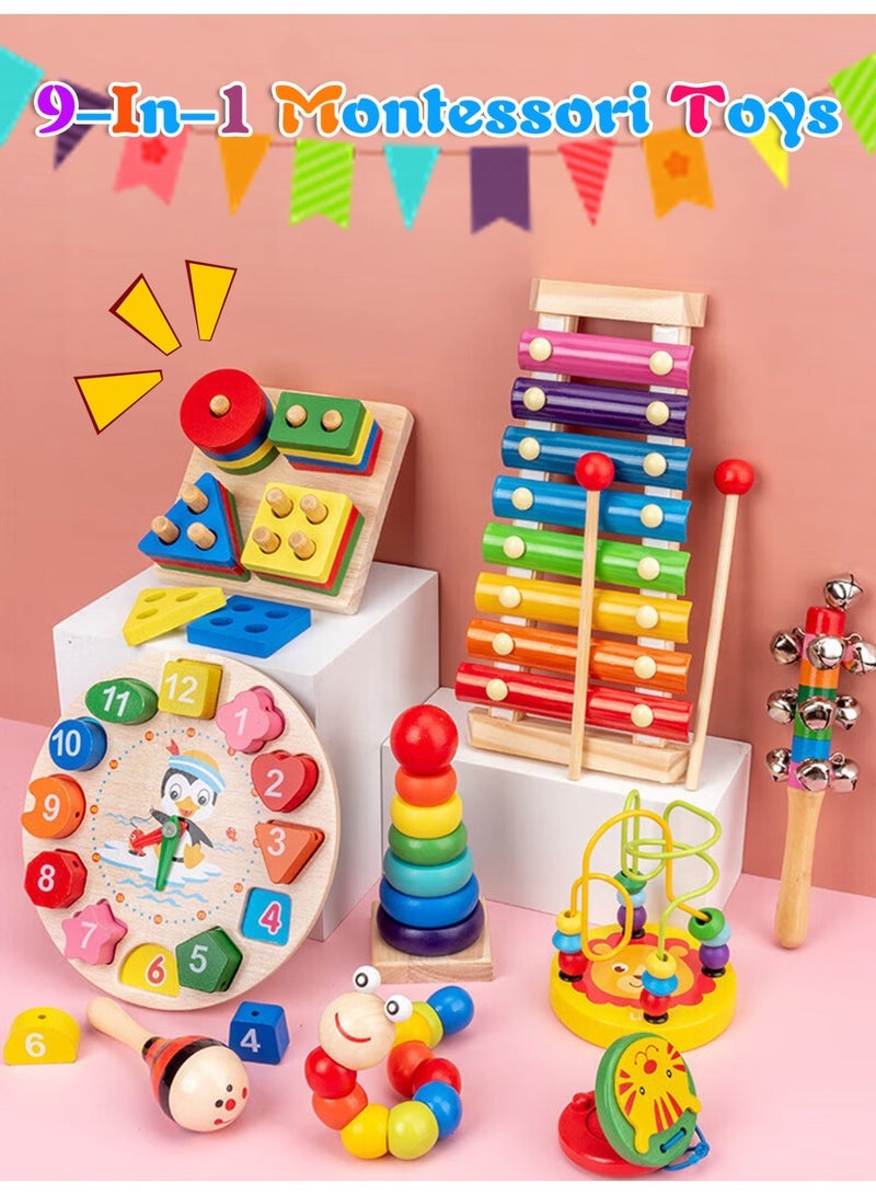 9-In-1 Wooden Educational Toys, Learning Activity Set with Xylophone and Shape Sorter, Bead Maze and Stacking Blocks for Number Recognition, Fine Motor Skills Development, Home Schooling, Interactive Play or Indoor Fun, Perfect Birthday Holiday Gift Idea - Image 1