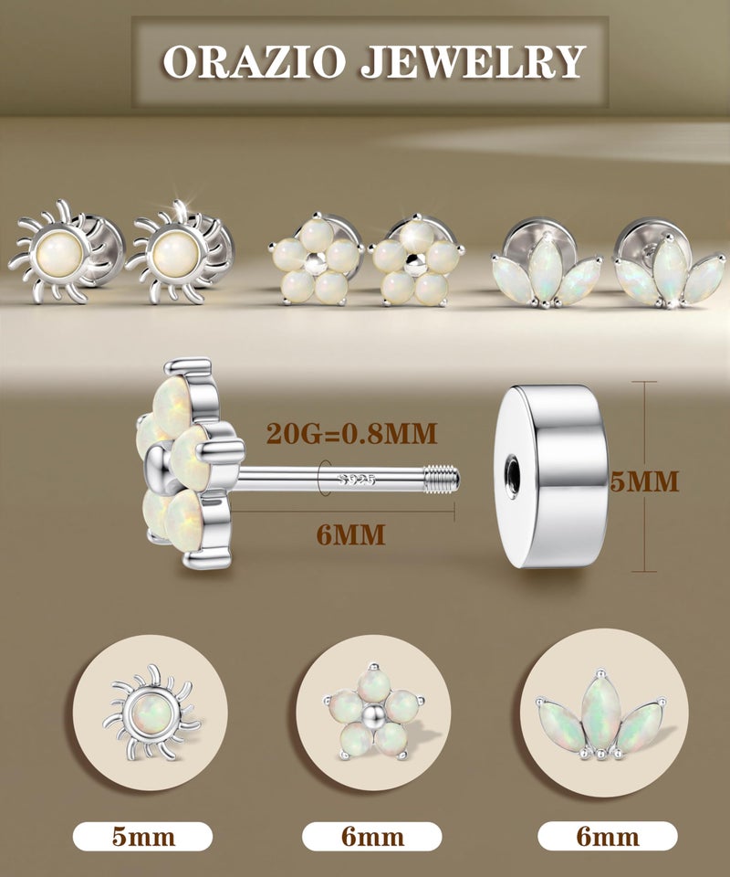 ORAZIO Gold Flat Back Stud Earrings for Women Men Sterling Silver Post Hypoallergenic Screw Back Earrings 14K Gold Cartilage Conch Helix Tragus Piercing Jewelry Dainty CZ Opal Earring Set 3 Pairs 20G S1 S1 - Image 5