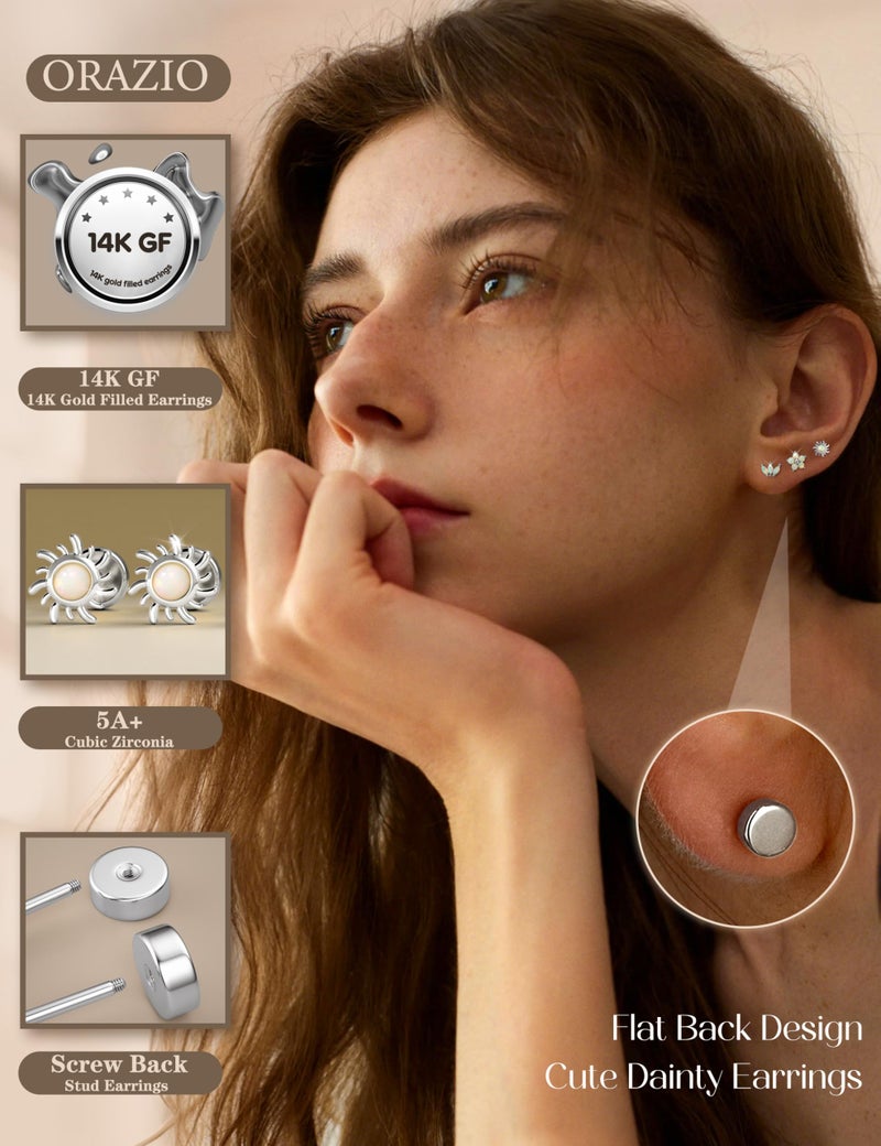ORAZIO Gold Flat Back Stud Earrings for Women Men Sterling Silver Post Hypoallergenic Screw Back Earrings 14K Gold Cartilage Conch Helix Tragus Piercing Jewelry Dainty CZ Opal Earring Set 3 Pairs 20G S1 S1 - Image 2