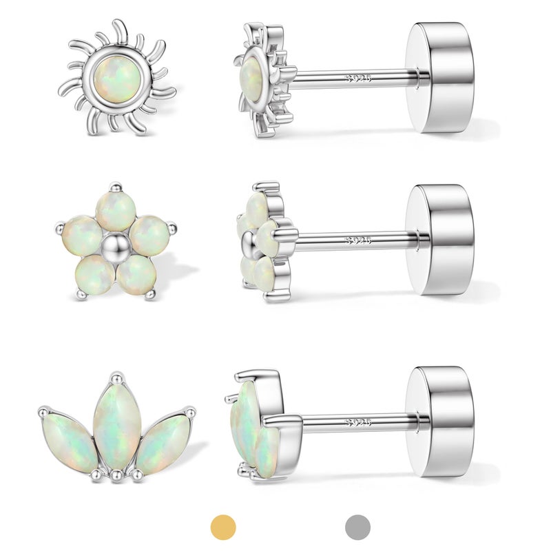 ORAZIO Gold Flat Back Stud Earrings for Women Men Sterling Silver Post Hypoallergenic Screw Back Earrings 14K Gold Cartilage Conch Helix Tragus Piercing Jewelry Dainty CZ Opal Earring Set 3 Pairs 20G S1 S1 - Image 1