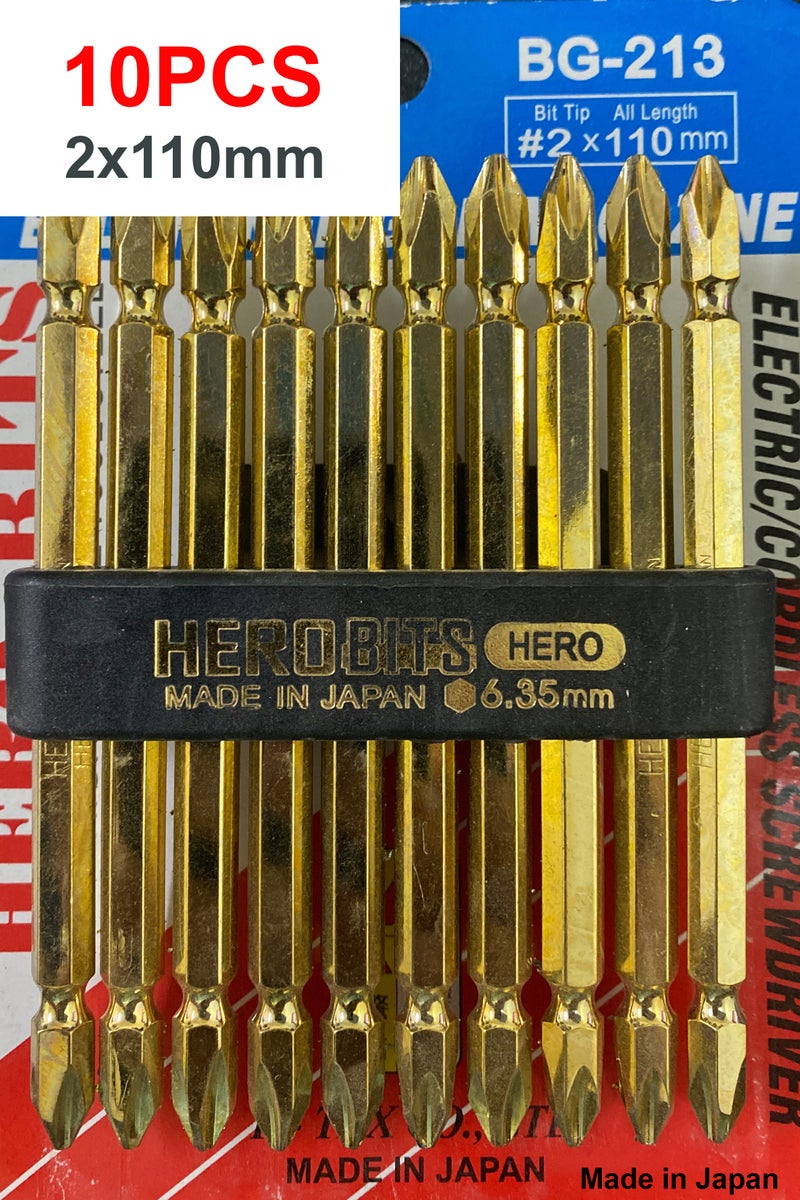 Hero Screwdriver Power Bit 2x110mm, #2 Phillips Bit 110mm - Pack of 10 bits gold