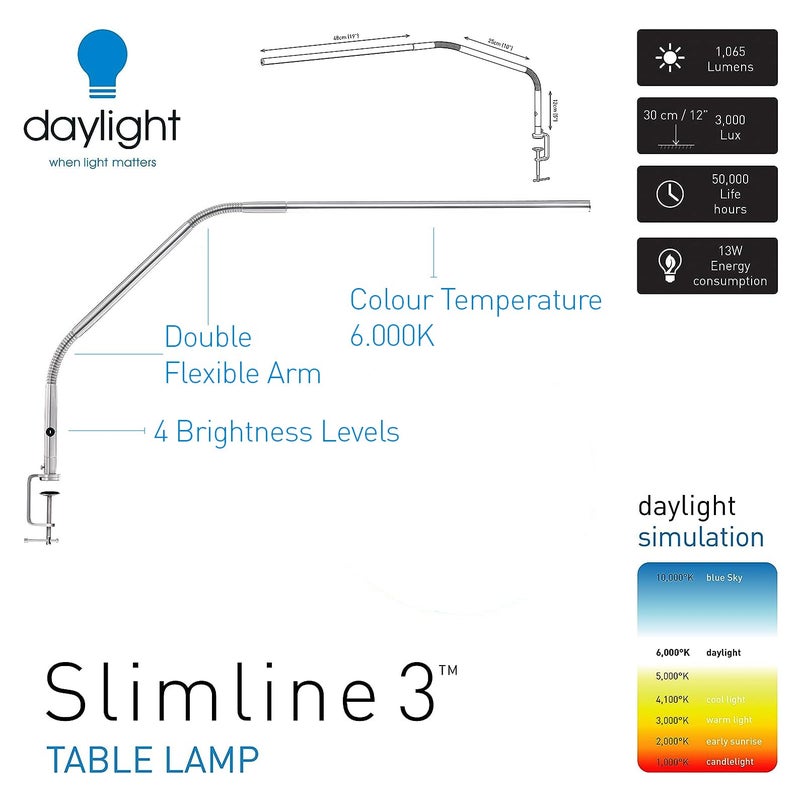 Daylight Company, LLC U35108 Slimline 3 Table Lamp-LED-80 CRI-Eye Care-4 Brightness Levels, 3,000 LUX at 30 cm, 1,065 LUMENS-4 Step DIMMER Mode, Brushed Steel, 25.6 x 30 x .8 - Image 2