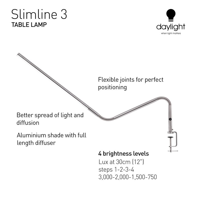 Daylight Company, LLC U35108 Slimline 3 Table Lamp-LED-80 CRI-Eye Care-4 Brightness Levels, 3,000 LUX at 30 cm, 1,065 LUMENS-4 Step DIMMER Mode, Brushed Steel, 25.6 x 30 x .8 - Image 5