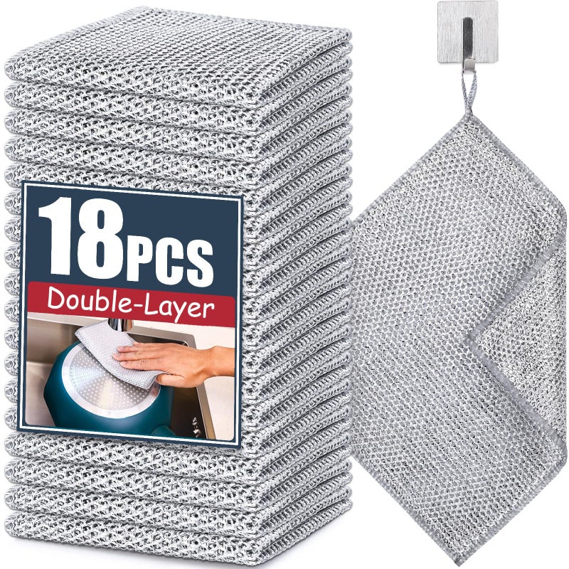 Navona 18 Pcs New Upgrade Steel Wire Dishcloth, Double-Layer Multipurpose Dishwashing Rag, Powerful Cleaning Non-Scratch Dishcloth Rag for Cookware, Sinks, Dishes, Stove Tops - Image 1