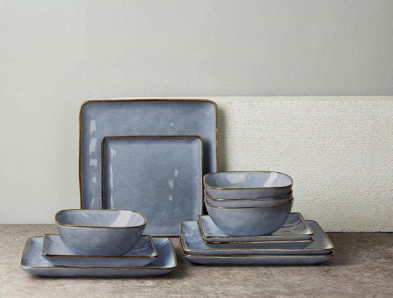 Famiware Dinnerware Sets for 4 Ocean Square 12Piece Kitchen Plates and Bowls Sets Reactive Glaze Microwave and Dishwasher Safe Scratch Resistant Blue - Image 2