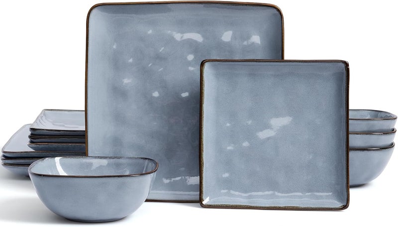Famiware Dinnerware Sets for 4 Ocean Square 12Piece Kitchen Plates and Bowls Sets Reactive Glaze Microwave and Dishwasher Safe Scratch Resistant Blue - Image 1