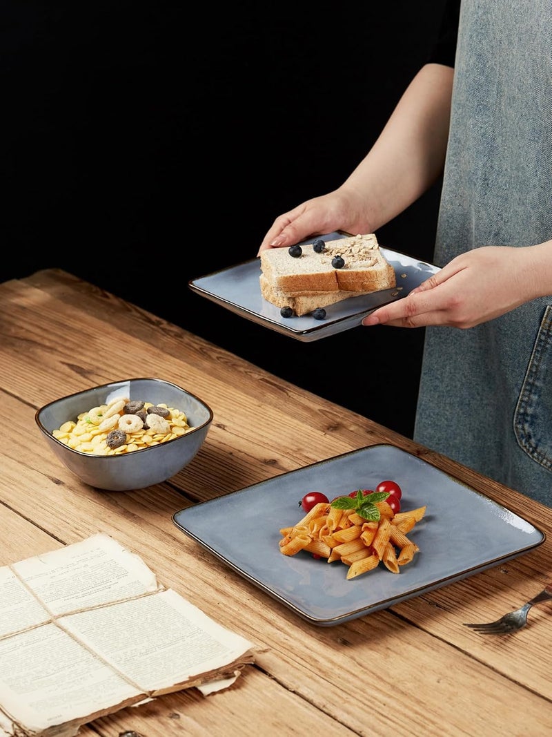 Famiware Dinnerware Sets for 4 Ocean Square 12Piece Kitchen Plates and Bowls Sets Reactive Glaze Microwave and Dishwasher Safe Scratch Resistant Blue - Image 3