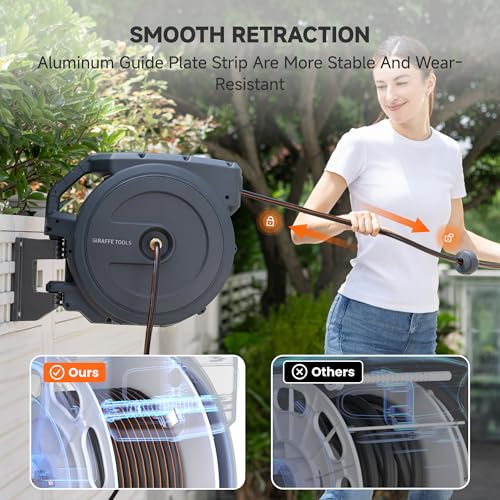 Giraffe Tools Heavy-Duty Wall-Mounted Hose Reel, 5/8" x 90 ft Retractable Hose with Automatic Rewind, 180° Swivel, Any-Length Lock & 9-Pattern Nozzle (Dark Grey) - Image 3