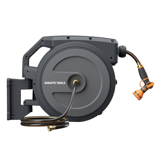 Giraffe Tools Heavy-Duty Wall-Mounted Hose Reel, 5/8" x 90 ft Retractable Hose with Automatic Rewind, 180° Swivel, Any-Length Lock & 9-Pattern Nozzle (Dark Grey) - Image 1
