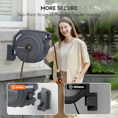 Giraffe Tools Heavy-Duty Wall-Mounted Hose Reel, 5/8" x 90 ft Retractable Hose with Automatic Rewind, 180° Swivel, Any-Length Lock & 9-Pattern Nozzle (Dark Grey) - Image 2