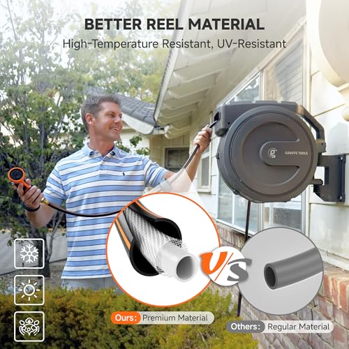 Giraffe Tools Heavy-Duty Wall-Mounted Hose Reel, 5/8" x 90 ft Retractable Hose with Automatic Rewind, 180° Swivel, Any-Length Lock & 9-Pattern Nozzle (Dark Grey) - Image 4